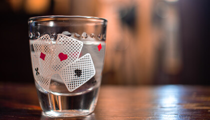 Glass of alcohol with a picture of playing cards on a wooden table