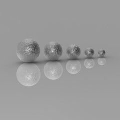 Five balls of metal of different sizes of silver color on gray background. Growth of something. Progress. Reflection. Square image. 3D image. 3D rendering.