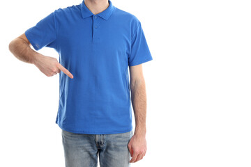 Man in blank blue polo isolated on white background