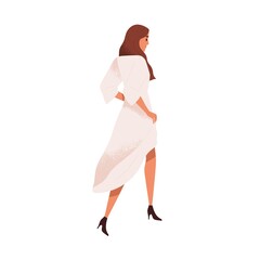 Young elegant woman walking. Pretty graceful female in dress and heeled shoes going away. Happy beautiful handsome person strolling. Flat vector illustration isolated on white background