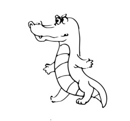 Crocodile funny. Cheerful wild animal. A comical character. Outline sketch. Hand drawing is isolated on a white background. Vector