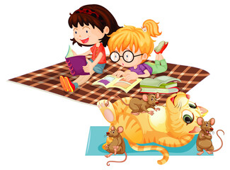 Naklejka premium Children reading their books with cat playing with mouses