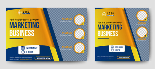 Marketing Business Live Webinar Banner Invitation and Social Media post template. Blue and Yellow background. Business Converence invitation design. Vector EPS	