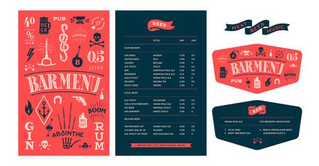 Brand identity set for Beer Bar, Pub. Old school vintage template menu with cover and text list template, business card. Vintage graphic element menu, card for bar, pub. Vector Illustration