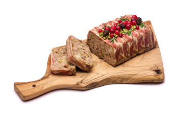 Traditional French terrine covered with bacon isolated on wooden cutting or serving board