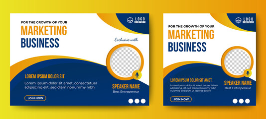 Marketing Business Live Webinar Banner Invitation and Social Media post template. Blue and Yellow background. Business Converence invitation design. Vector EPS	