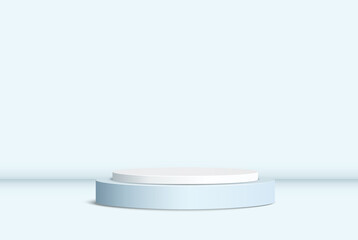 Stage podium on a light studio background. Realistic clean circle, pedestal, pillar, pedestal. Empty stage stand for vector prize with projector for advertising design.