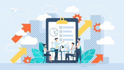 Fototapeta na wymiar Business development strategy planning. Data analysis, cooperation of company departments. Scheduling a financial or economic strategy to develop the company. Tiny characters. Flat illustration