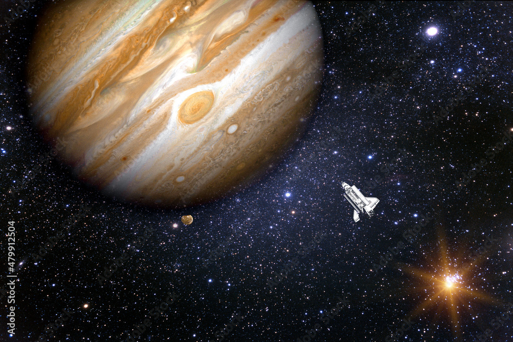 Poster space shuttle flying towards the planet jupiter. outer space explorer. cosmic futuristic concept. so