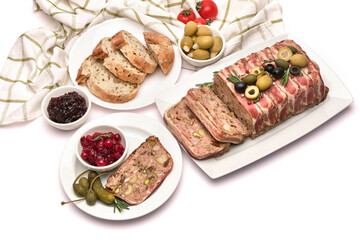 Portion of Traditional French terrine covered with bacon isolated on white background