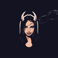 A mystical look. A devil woman with horns on her head. Black background. Magically it comes from the eyes.