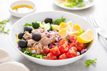 Tuna and fresh vegetable salad of tomato, cucumber, olives, onion, lettuce and boiled egg