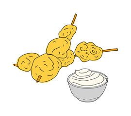 Fried mussels hand drawn vector design. Fast food menu design elements. Design element for poster, menu, flyer, banner, menu, package. Vector.