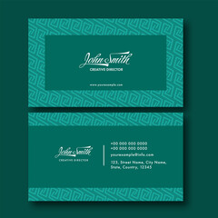 Green Color Editable Visiting Card With Greek Alphabet "S" Shape Pattern In Front And Back View.
