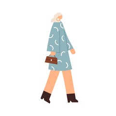 Elegant woman walking, wearing dress, heeled shoes and accessories. Modern female strolling with bag in hand. Side view of faceless lady going. Flat vector illustration isolated on white background