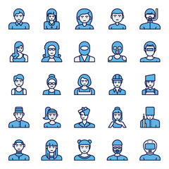 Filled blue outline icons for professions.