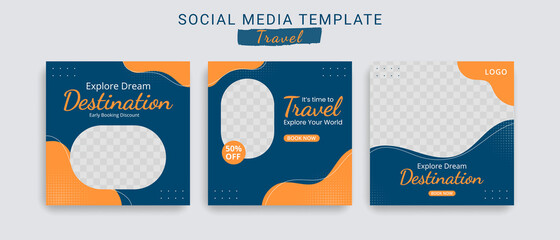 Editable template post for social media ad. web banner ads for travel promotion .design with blue and yellow color. 