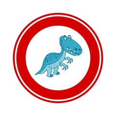 Road sign prohibiting a carnivorous dinosaur on a white and red background