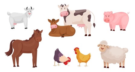 Farm animals set in cartoon style isolated on white background.