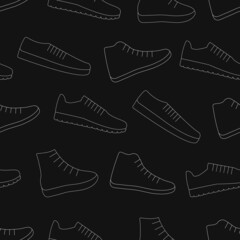 Sneakers shoes vector background seamless repeating pattern. Men and women sport footwear. Thin line style. Editable template.