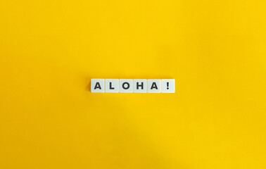 Aloha Word and Banner. Letter tiles on bright orange background. Minimal aesthetics.