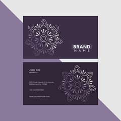 Mandala Business Card Template In Front And Back View On Gray And Purple Background.