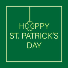 Happy Patricks Day. Neon glowing lettering sign of Happy St. Patrick's Day lettering and clover. Neon sign, greeting card, postcard, neon banner, bright advertisement flyer. An invitation to celebrate
