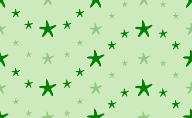 Seamless pattern of large and small green starfish symbols. The elements are arranged in a wavy. Vector illustration on light green background
