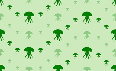 Seamless pattern of large and small green jellyfish symbols. The elements are arranged in a wavy. Vector illustration on light green background