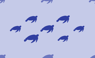 Seamless pattern of large isolated blue sea turtle symbols. The pattern is divided by a line of elements of lighter tones. Vector illustration on light blue background