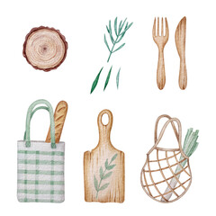 A set of watercolor illustrations - shopper, wooden fork and knife, board. Ecology. Natural. Green. Natural. Food. Planet. Collection. Organic. Eco. Beautiful.