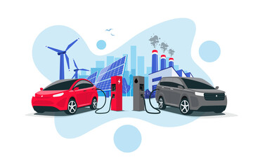 Fototapeta Comparing electric versus gasoline car. Electric car charging at charger vs. diesel vehicle refueling petrol gas station. Renewable clean solar wind energy with old dirty fossil coal power generation. obraz