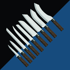 set of two realistic kitchen knives isolated on black and blue background, Vector illustration, chef knife, Cutlery icon set