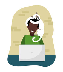 A freelancer with a white cat on his shoulders works at a computer. Cute stylized illustration. Vector illustration on the theme of home office and freelancing.
