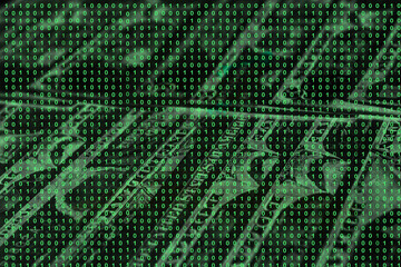 binary code grid from bright green numbers on the background of dollar banknotes, ecommerce concept
