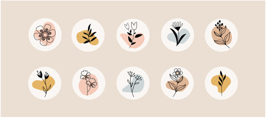 Social Media Icons, Botanicals Wildflowers, Story Highlight Covers, Floral Design Icons, Vector Flower  Illustration
