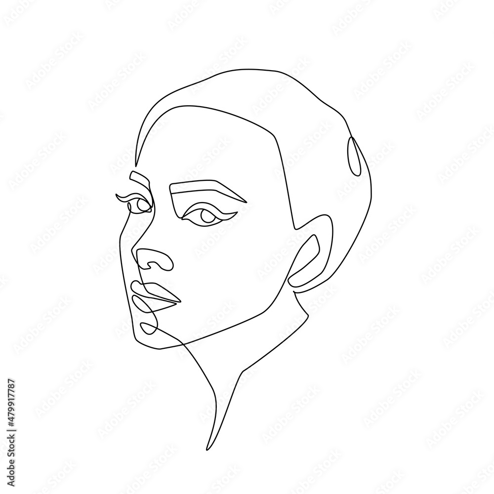 Poster woman face one continuous line drawing. minimalistic abstract human portrait in simple linear style 