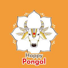 Sticker Style Happy Pongal Font With Doodle Style Bull Face On White And Dark Yellow Background.