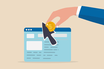 Paid media or pay per click advertising, marketing campaign pay for online ads for users to visit website concept, businessman marketer push money coin into mouse pointer to click to website.