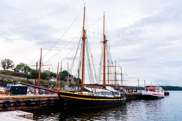 Fototapeta na wymiar Old Wooden Sailing Ship Moored in the harbour of Oslo