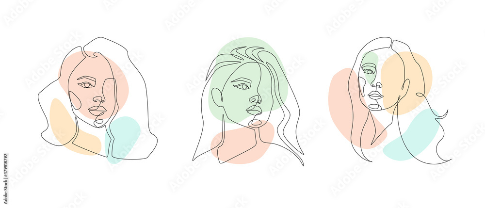 Aufkleber set of womens faces one continuous line drawing. minimalist abstract female portrait in simple linea