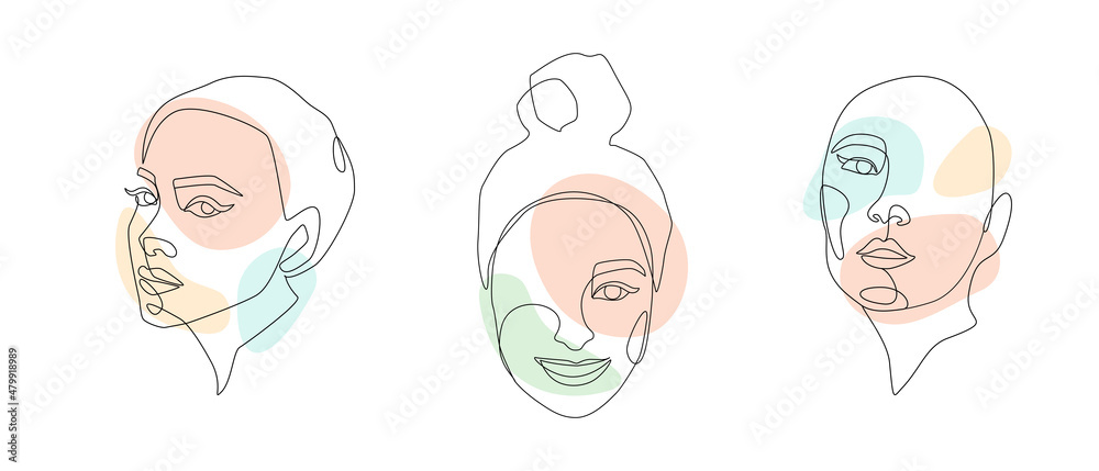 Poster set of womens faces one line drawing. minimalist abstract female portrait in simple linear style for