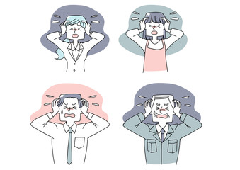 頭を抱えて困り果てる人々のセット　強いストレス状態　白地にベクター　温かみのある手描きの人物イラスト