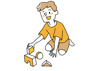 積み木で遊ぶ男の子　温かみのある手描きの人物イラスト　白バックにベクター