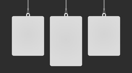 Rectangular dangler hanging from ceiling realistic mockup set. Mock up of advertising promotion pointer for supermarket sale announcement on dark background. Mall store vector illustration