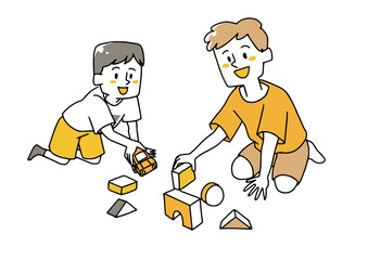 おもちゃで仲良く遊ぶ兄弟　温かみのある手描きの人物イラスト　白バックにベクター