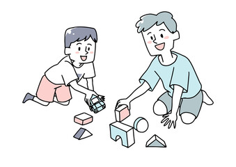 おもちゃで仲良く遊ぶ兄弟　温かみのある手描きの人物イラスト　白バックにベクター