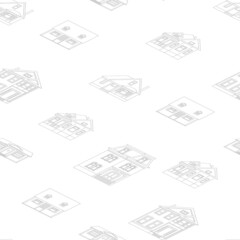 A pattern of sketches of houses in an isometric style on a white background. For printing and decoration. Vector illustration.