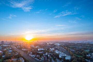 Naklejka na ściany i meble Sunset over the Duisburg skyline