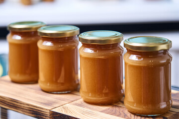 homemade caramel in jars on a wooden stand close-up